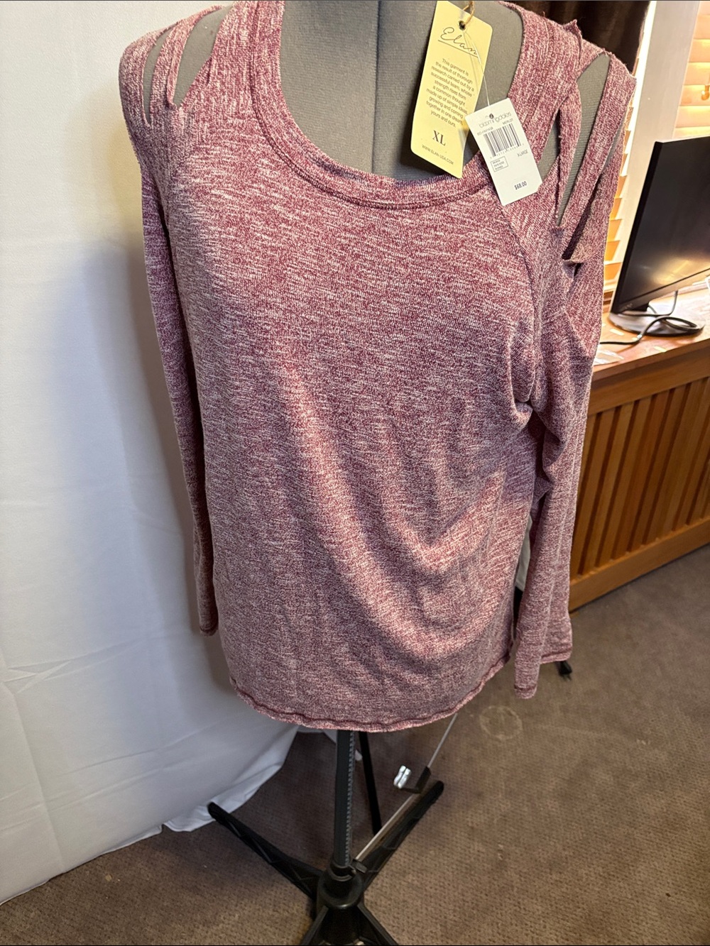 Elan Heathered Mauve Cutout-Shoulder Long Sleeve Top